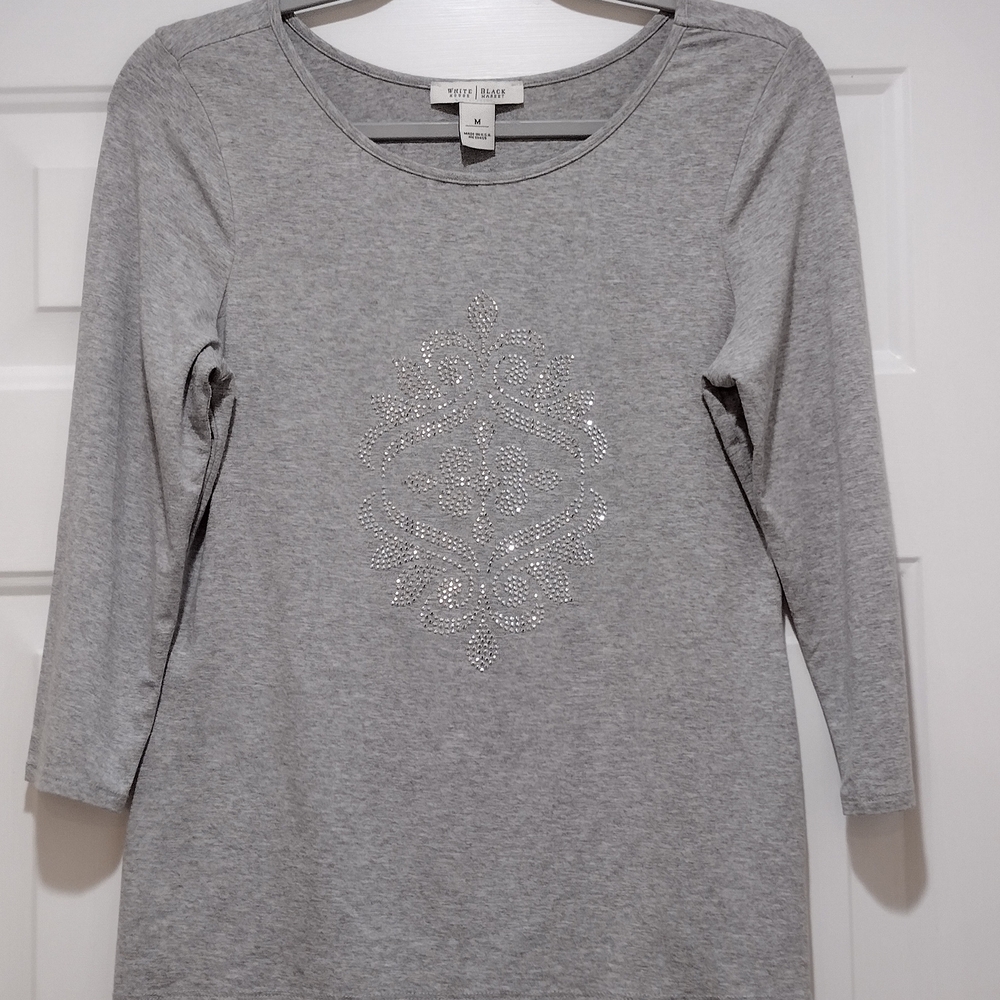 white house black market  Gray Shirt With Rhinestone Medallion Size Medium